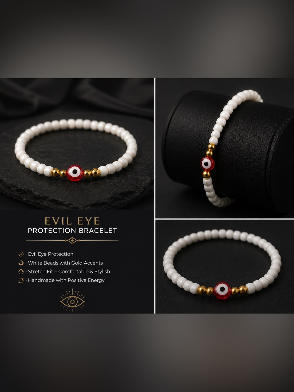 Evil Eye White Beaded Bracelet with Gold Accents #25